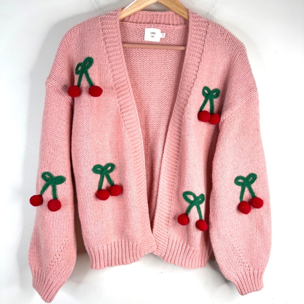 NWT Luna Ivy Cherry Cardigan S Bobble 3D Pink Coquette Cottage Whimsy Spring